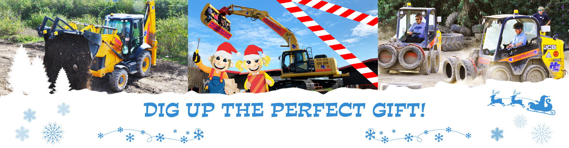 Dig Up The Perfect Gift text with an image showing the rides and adult experience days at Diggerland