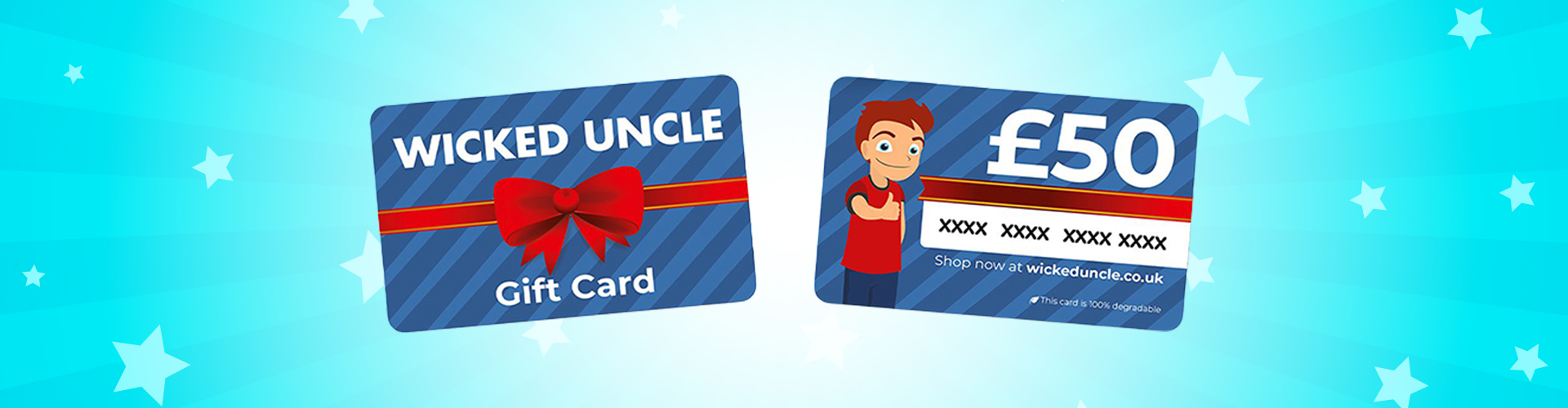Wicked Uncle £50 Gift Card on a blue star background