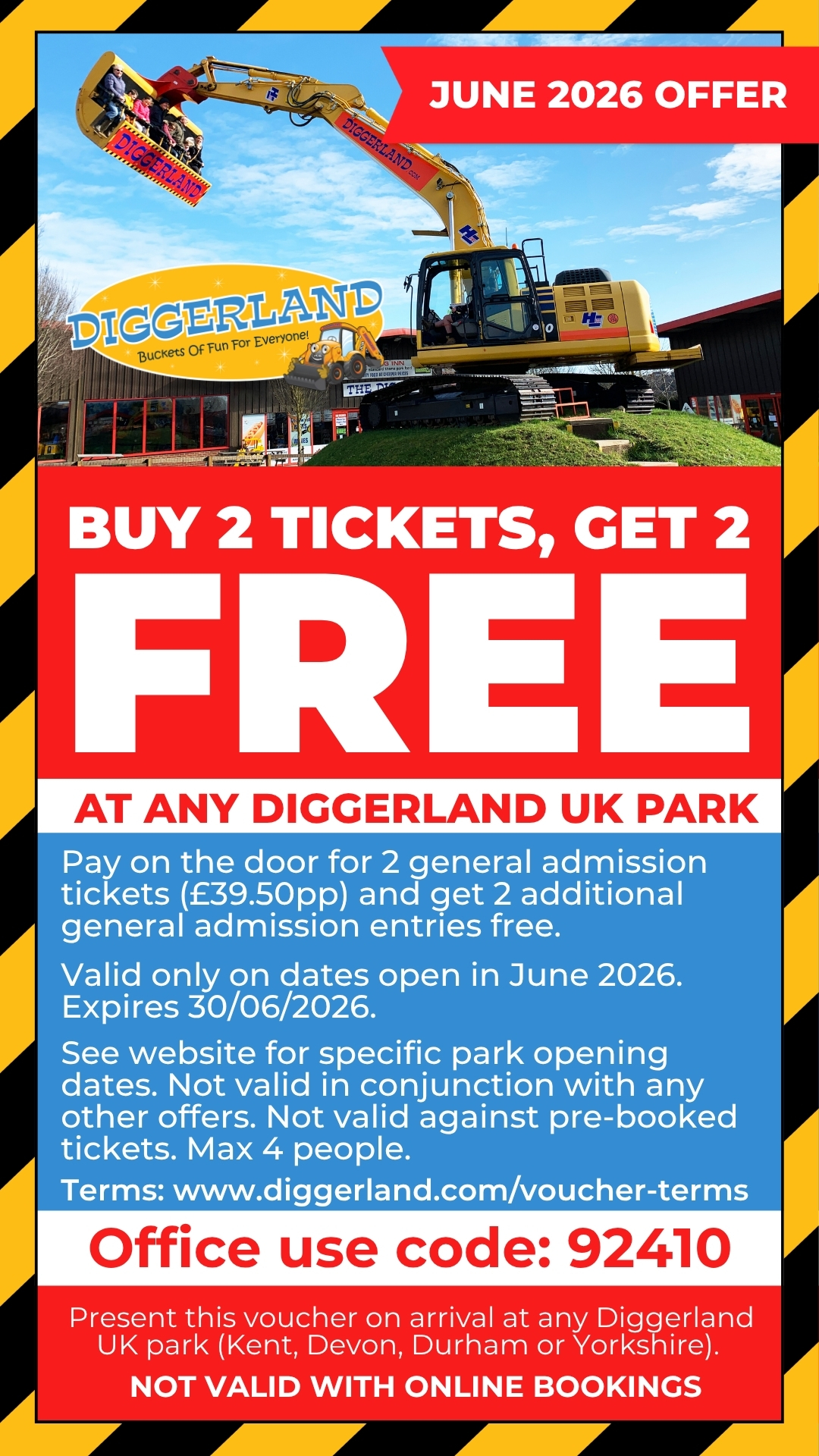 Buy 2 Diggerland tickets, get 2 free — June 2026 special offer voucher