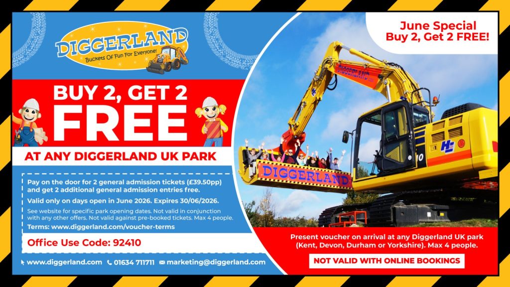 Looking for an unforgettable family day out this June? Diggerland is making it even easier to enjoy a fantastic day packed with excitement, adventure and construction-themed fun with our incredible Buy 2 Tickets, Get 2 FREE offer! For a limited time, simply pay on the gate for 2 general admission tickets (£39.50 per person) and receive 2 additional general admission entries completely FREE. That's a full day out for up to four people at one amazing price.