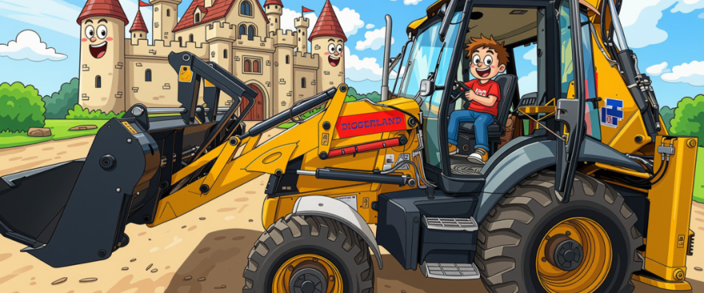 Diggerland cartoon image of castle with JCB 3CX